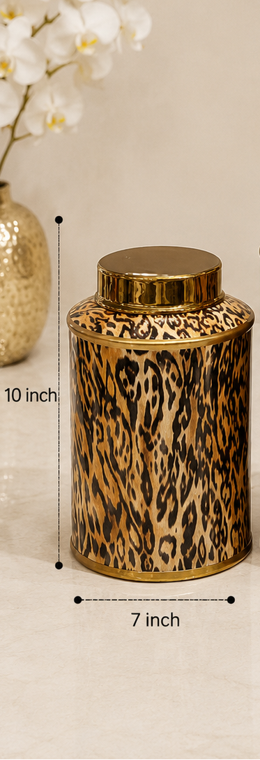 Set of decorative jars with leopard print design and gold lids, shown with measurements and in a room setting.