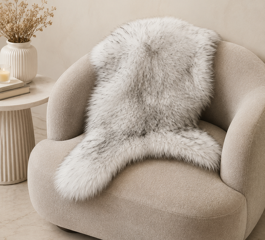 Faux fur drape on a beige armchair with product details below.