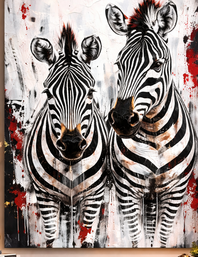 Living room with a large painting of two zebras on the wall.
