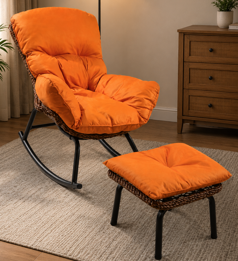 Orange cushioned rocking chair and ottoman in a room with a lamp and wooden cabinet.