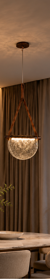 Collage of pendant lights with glass shades and wooden accents in a modern interior setting.