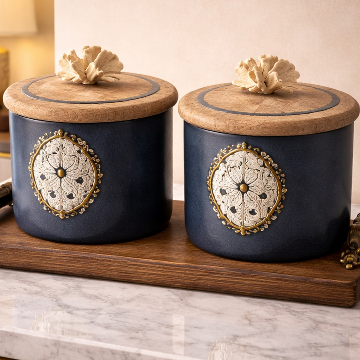 Two decorative blue jars with gold accents on a wooden stand against a neutral background.