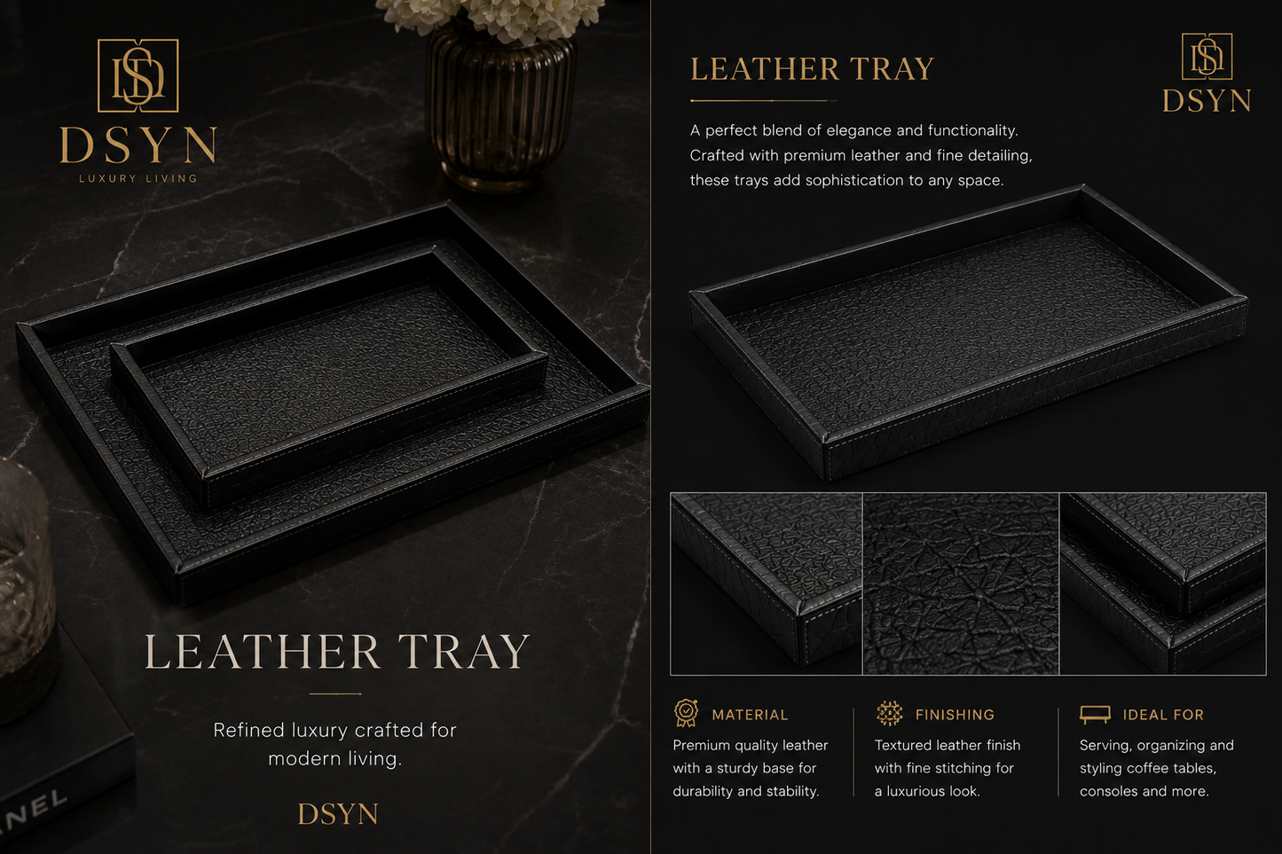Black leather tray with DSYN branding on a dark surface