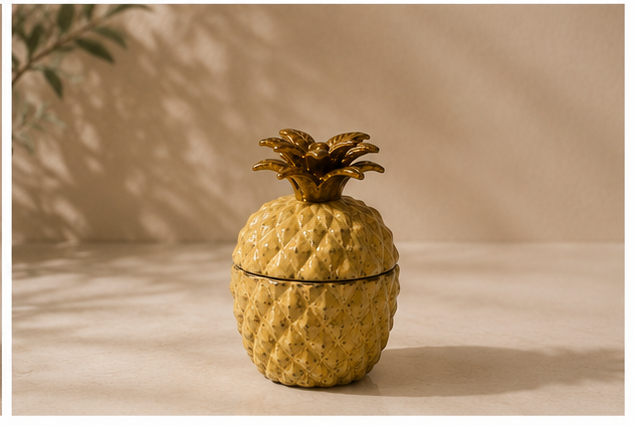 Collage of a pineapple-shaped container with a lid on a neutral background