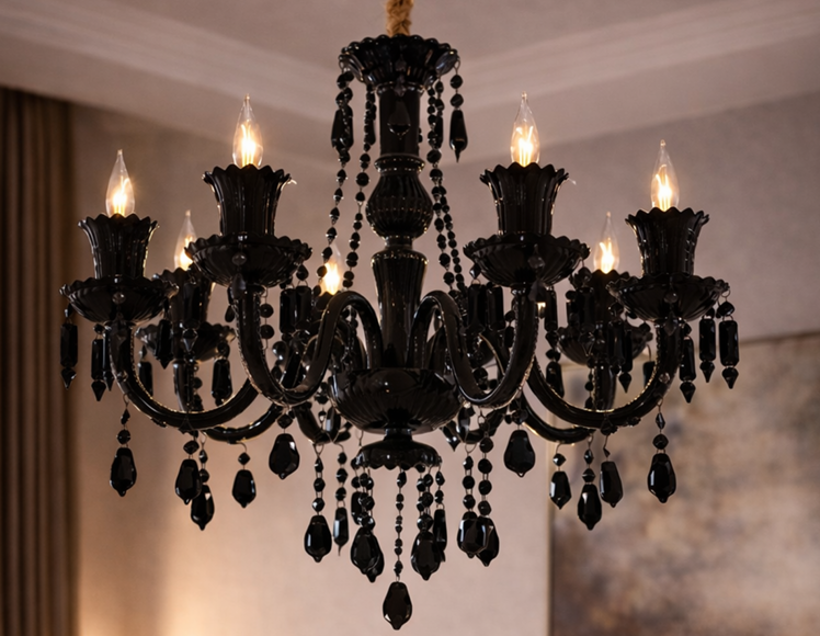 Black chandelier with crystal accents hanging in a room.