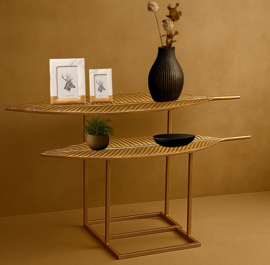 Woven wooden side table with decorative items against a brown background