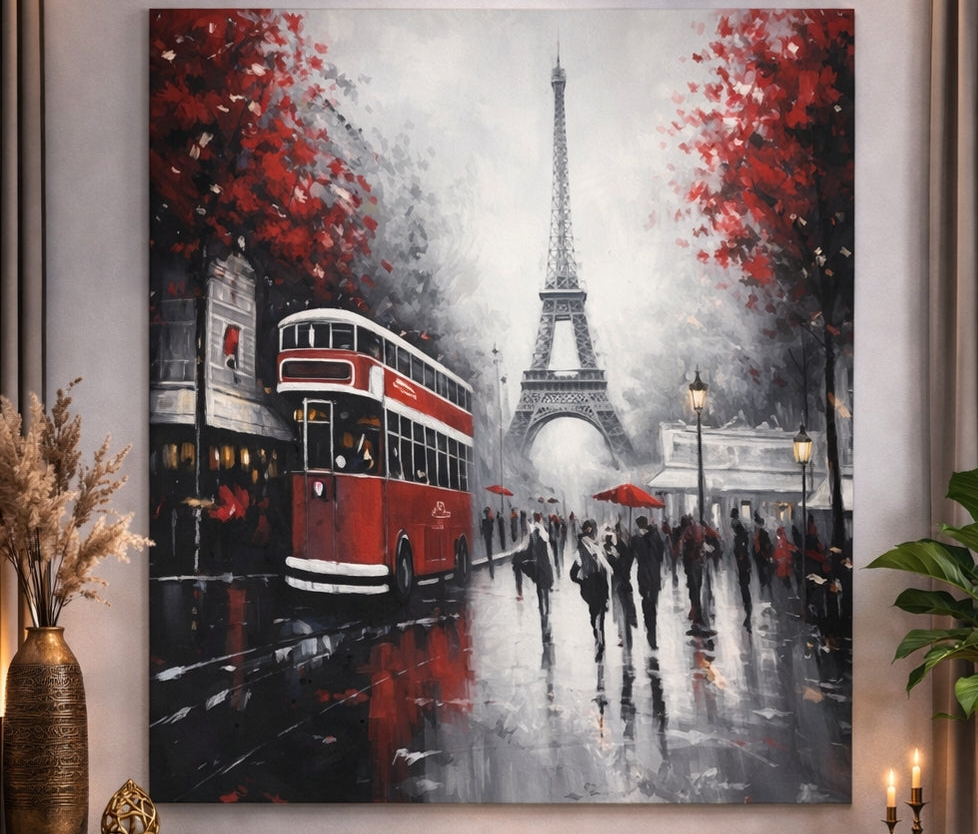 Large painting of a city street with the Eiffel Tower and red bus in a living room setting.