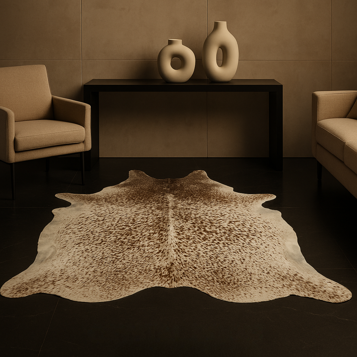 White cowhide rug on a dark floor with beige chairs and a table in the background.