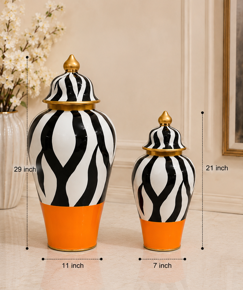 Decorative jars with black and white patterns and orange bases, shown with measurements and product details.