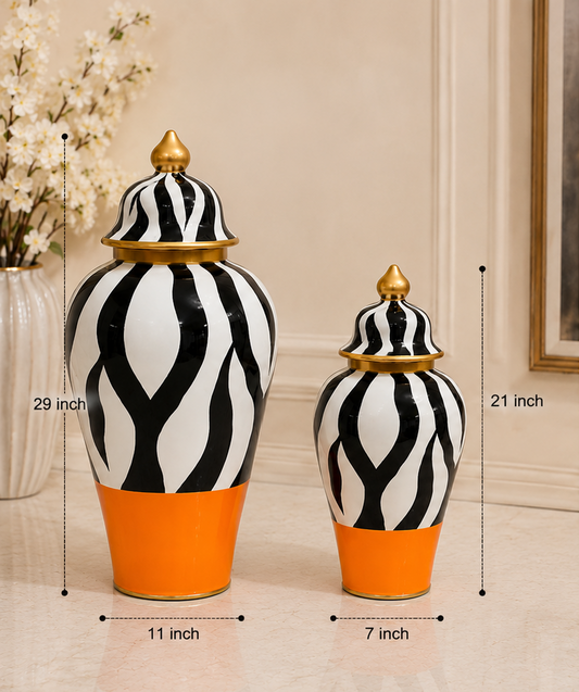 Decorative jars with black and white patterns and orange bases, shown with measurements and product details.