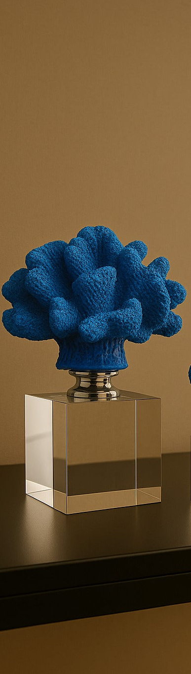 Two blue coral-like sculptures on clear stands against a brown wall.
