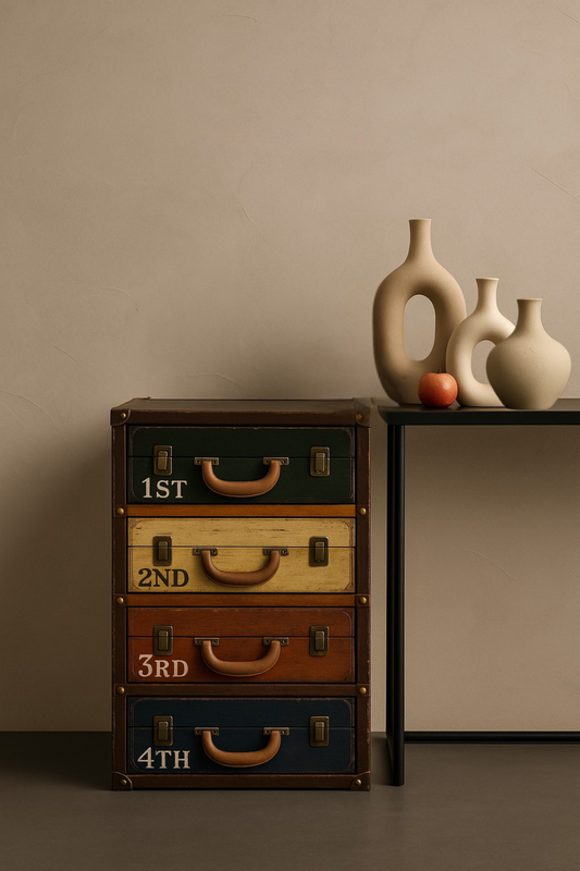 Stack of vintage-style drawers with color-coded labels against a beige wall.