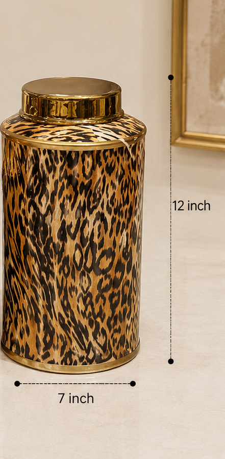 Set of decorative jars with leopard print design and gold lids, shown with measurements and in a room setting.
