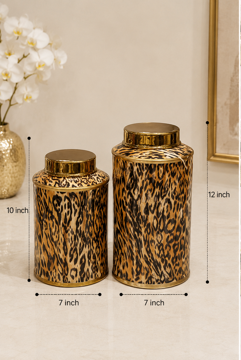 Set of decorative jars with leopard print design and gold lids, shown with measurements and in a room setting.
