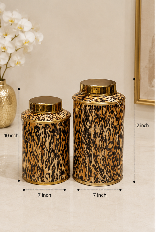 Set of decorative jars with leopard print design and gold lids, shown with measurements and in a room setting.