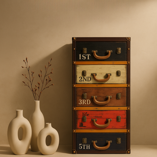 Stack of vintage-style suitcases with labeled drawers next to decorative vases on a beige background