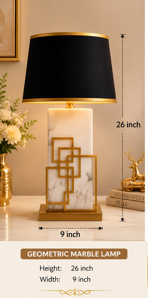 Three different designs of table lamps with measurements and descriptions.