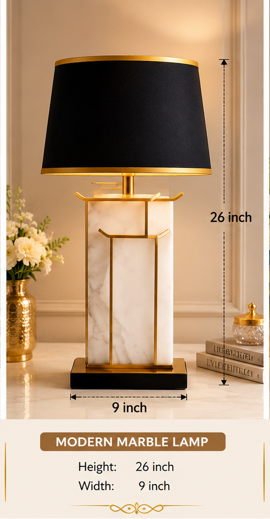 Three different designs of table lamps with measurements and descriptions.