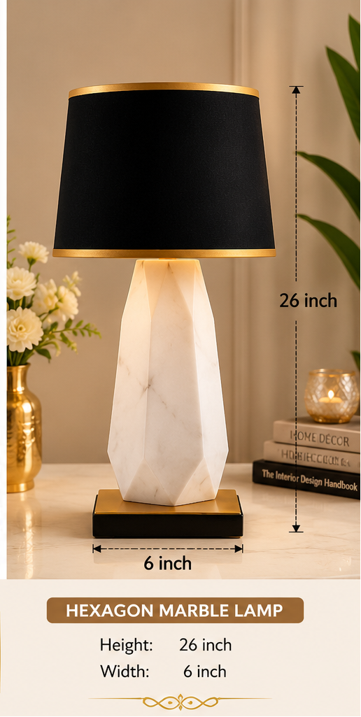 Three different designs of table lamps with measurements and descriptions.