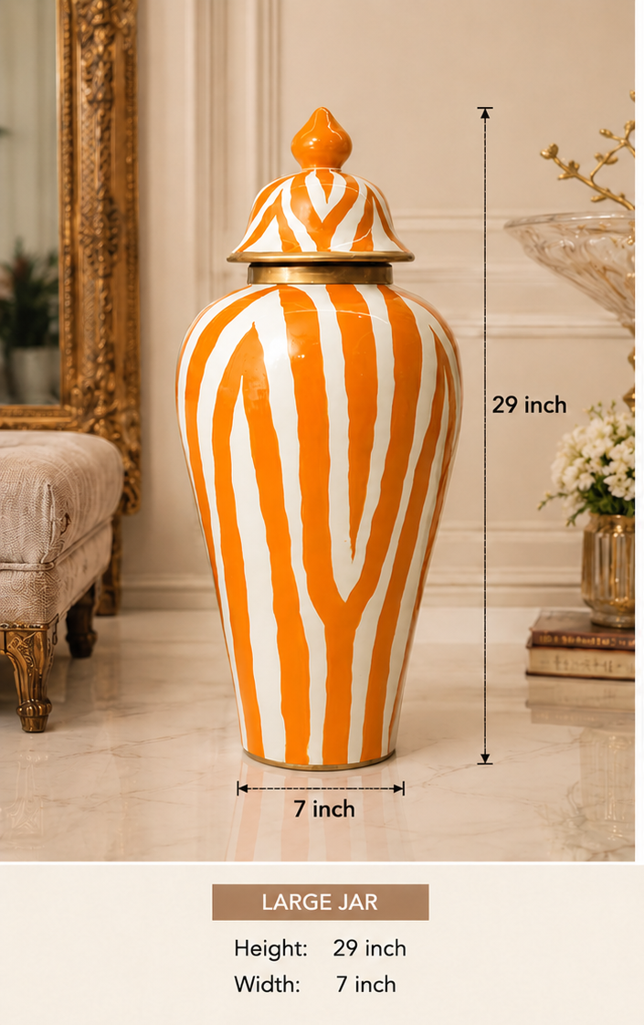 Two orange and white striped jars with lids, one large and one small, shown in a room setting with measurements.
