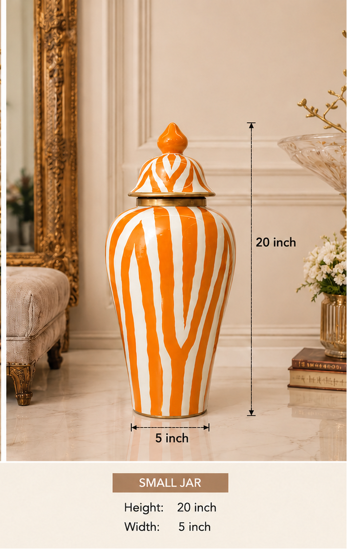 Two orange and white striped jars with lids, one large and one small, shown in a room setting with measurements.