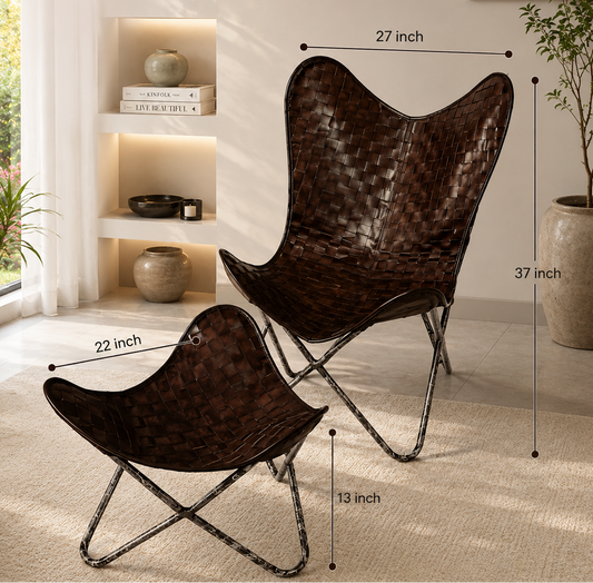 A butterfly-style chair and matching ottoman in a warm beige room, with overlaid dimension lines and text showing measurements: 27 inch width, 37 inch height, 22 inch depth, and 13 inch ottoman height. The image is promotional and includes the product in a real interior setting, so subject_type is Lifestyle rather than Measurement Chart; the dimensions are annotations on top of a lifestyle photo, not a standalone sizing table.
