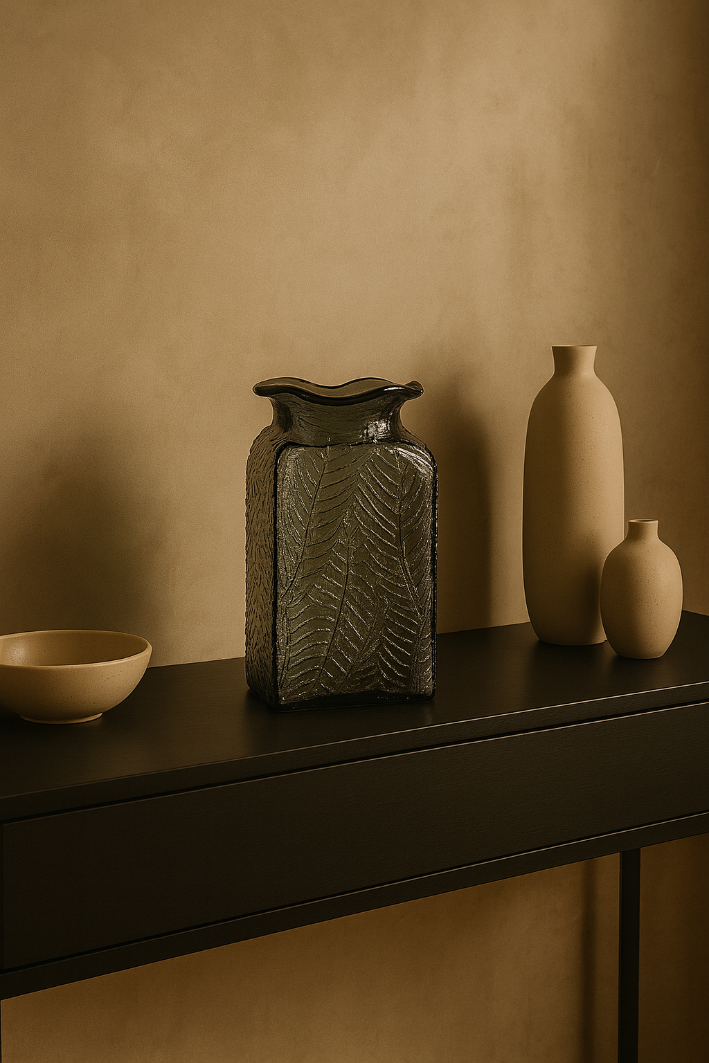 Three ceramic vases on a dark surface against a beige wall