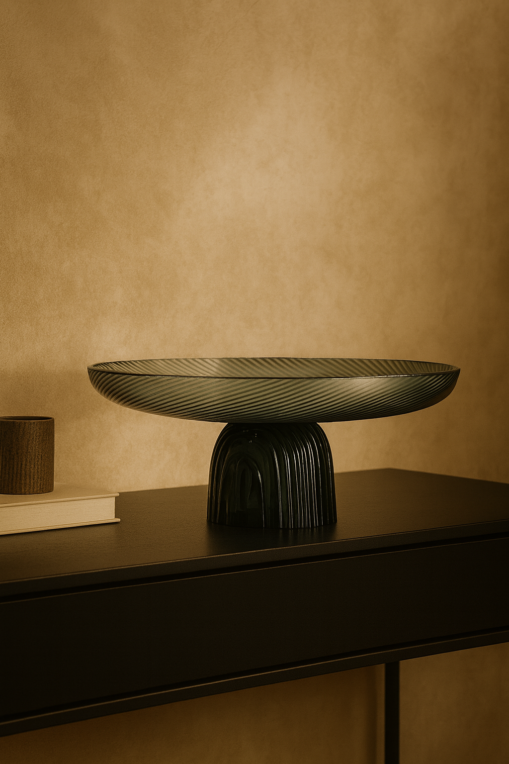 Decorative bowl on a dark surface with a beige wall background
