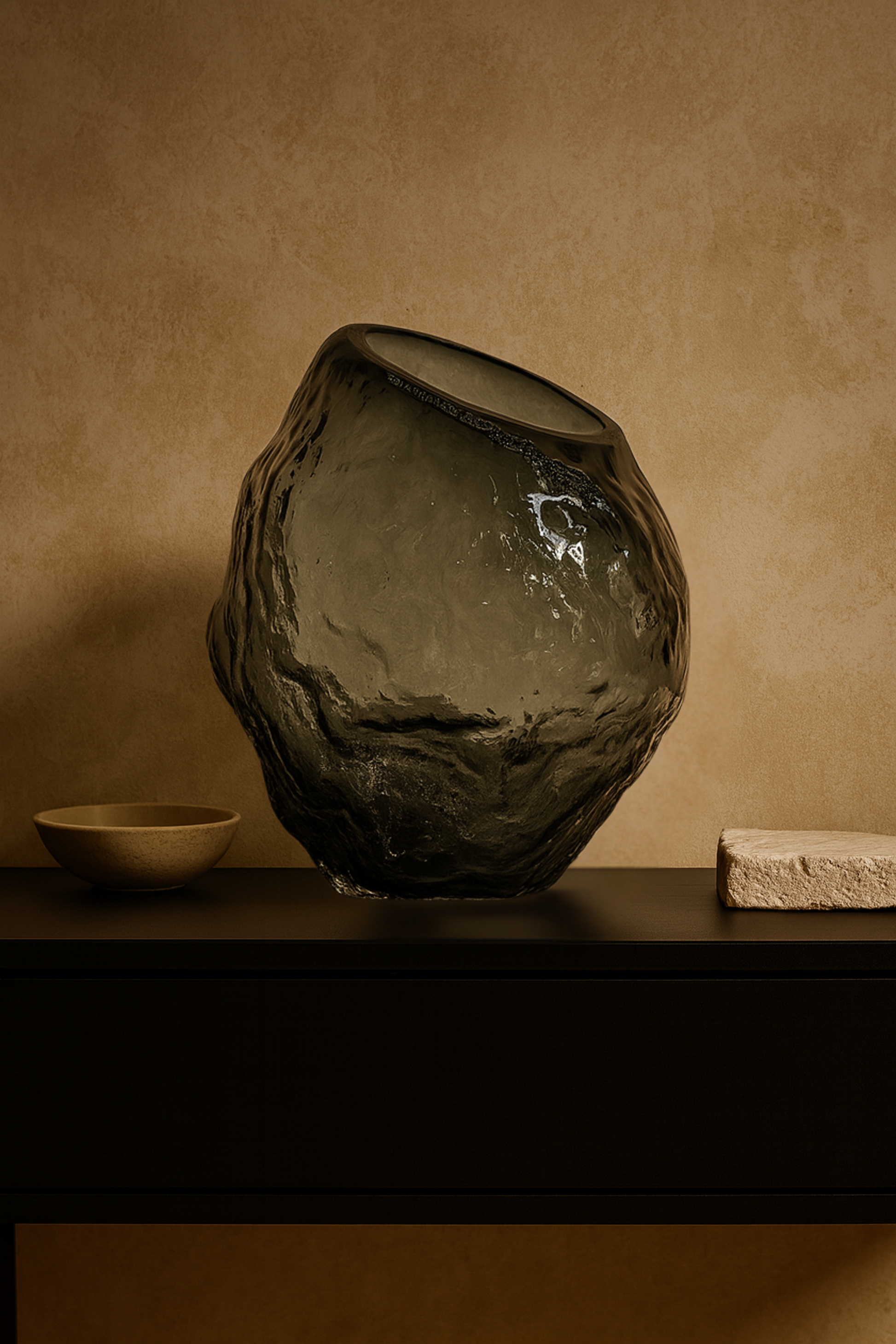 Large dark black textured vase on a wooden surface with a beige background