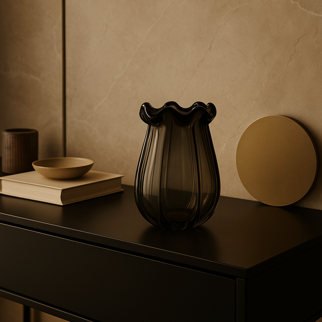 Dark glass vase on a wooden surface with a neutral background