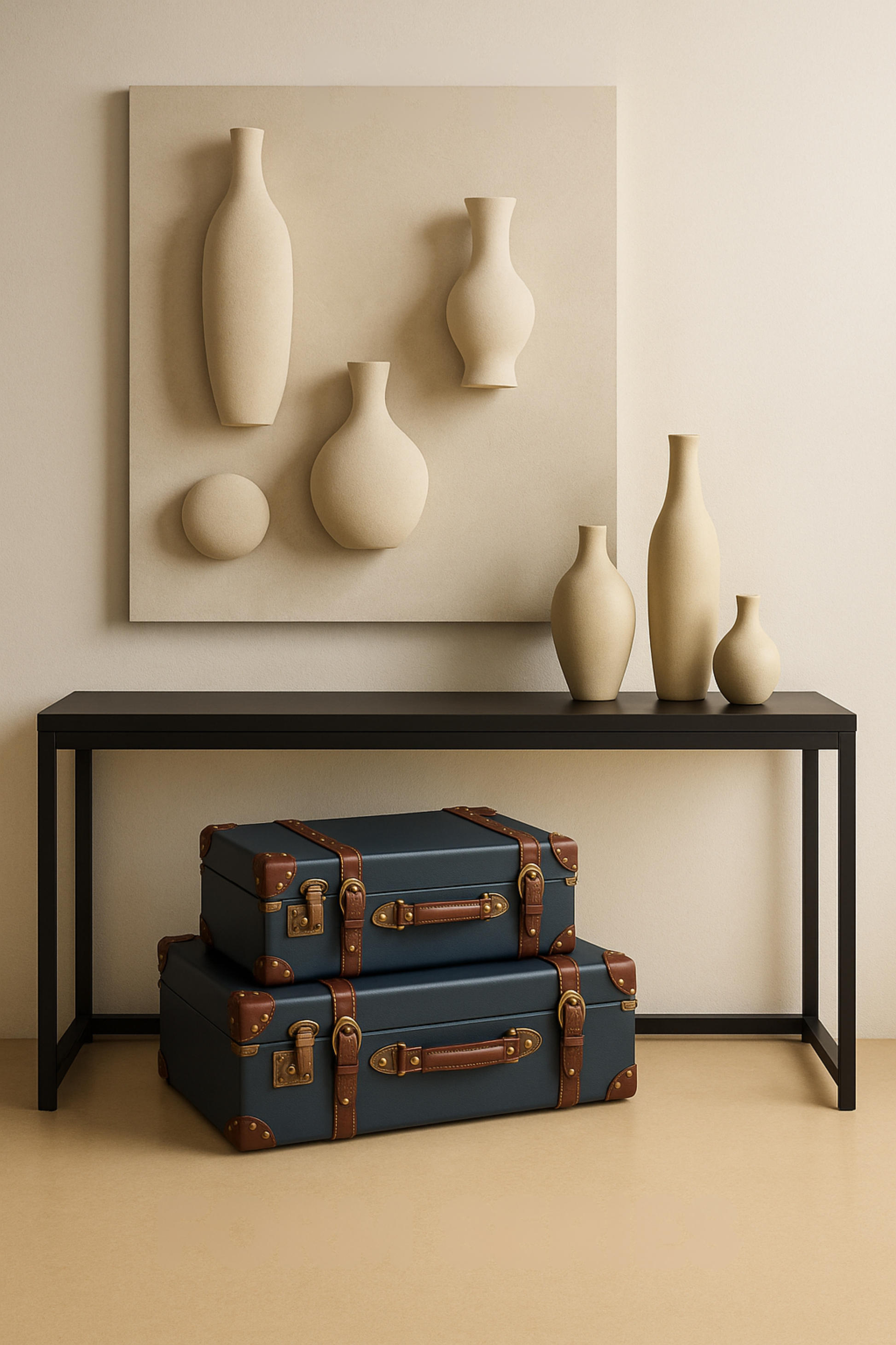 Stack of vintage suitcases with brown leather straps on a beige floor, against a wall with decorative vases.
