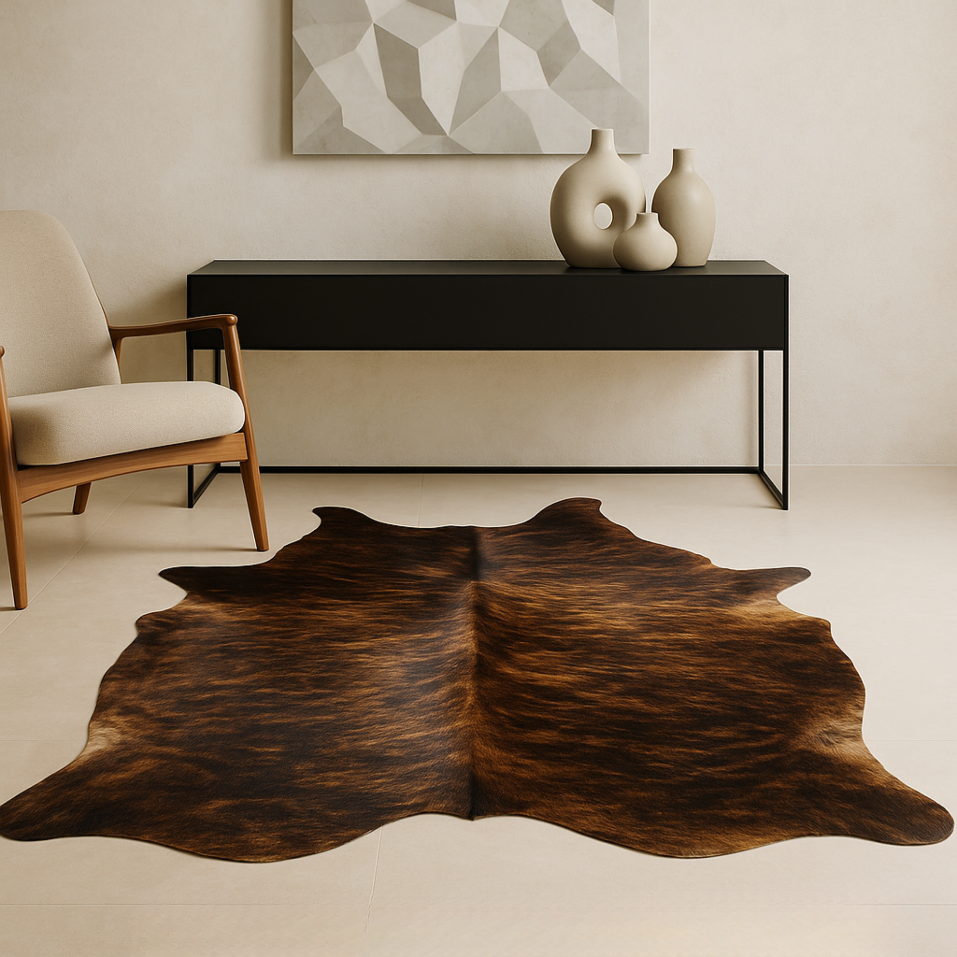 Brown cowhide rug in a room with a chair, console table, and abstract art.