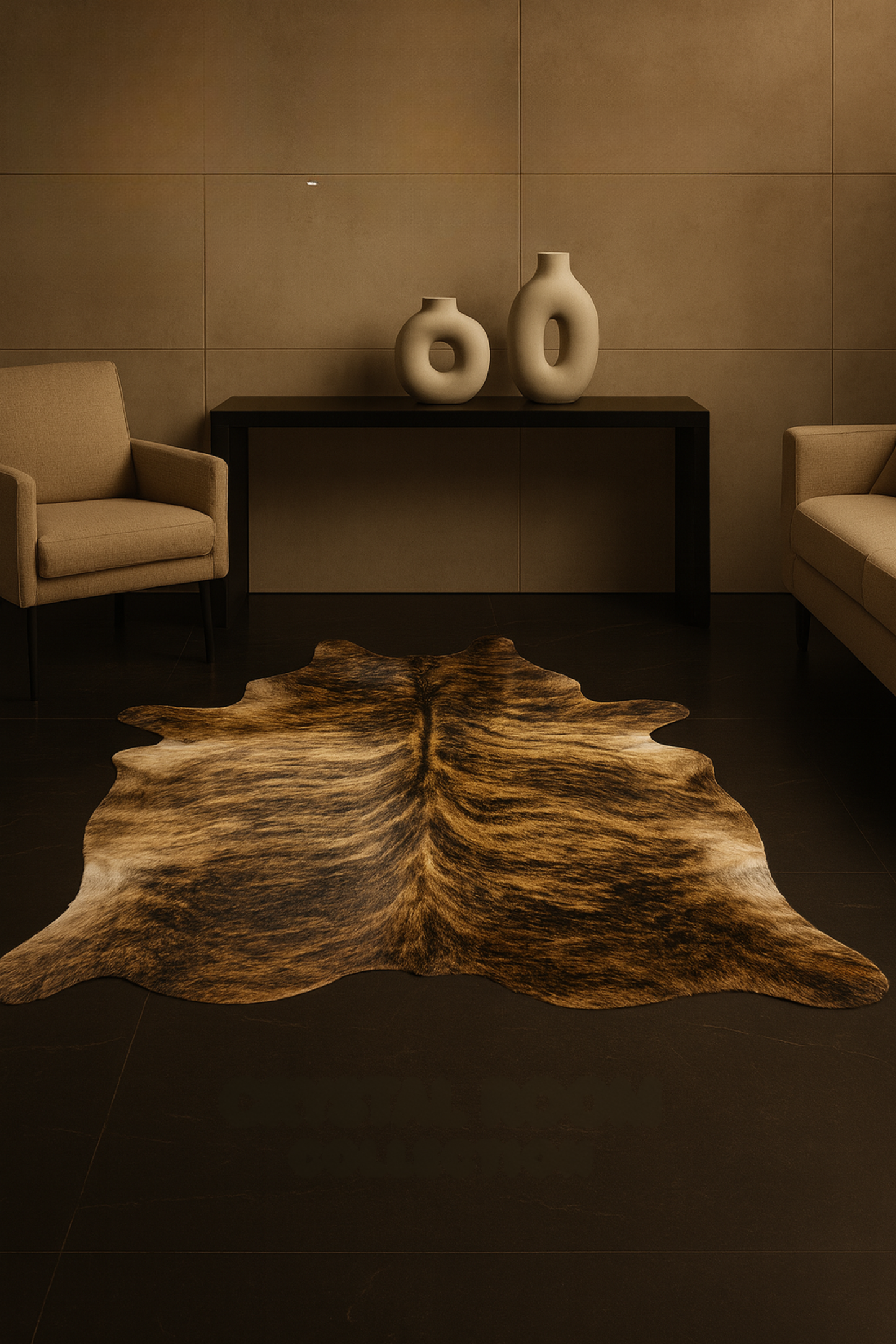 Brown cowhide rug on a dark floor with two beige armchairs and a small table with decorative vases against a beige wall.