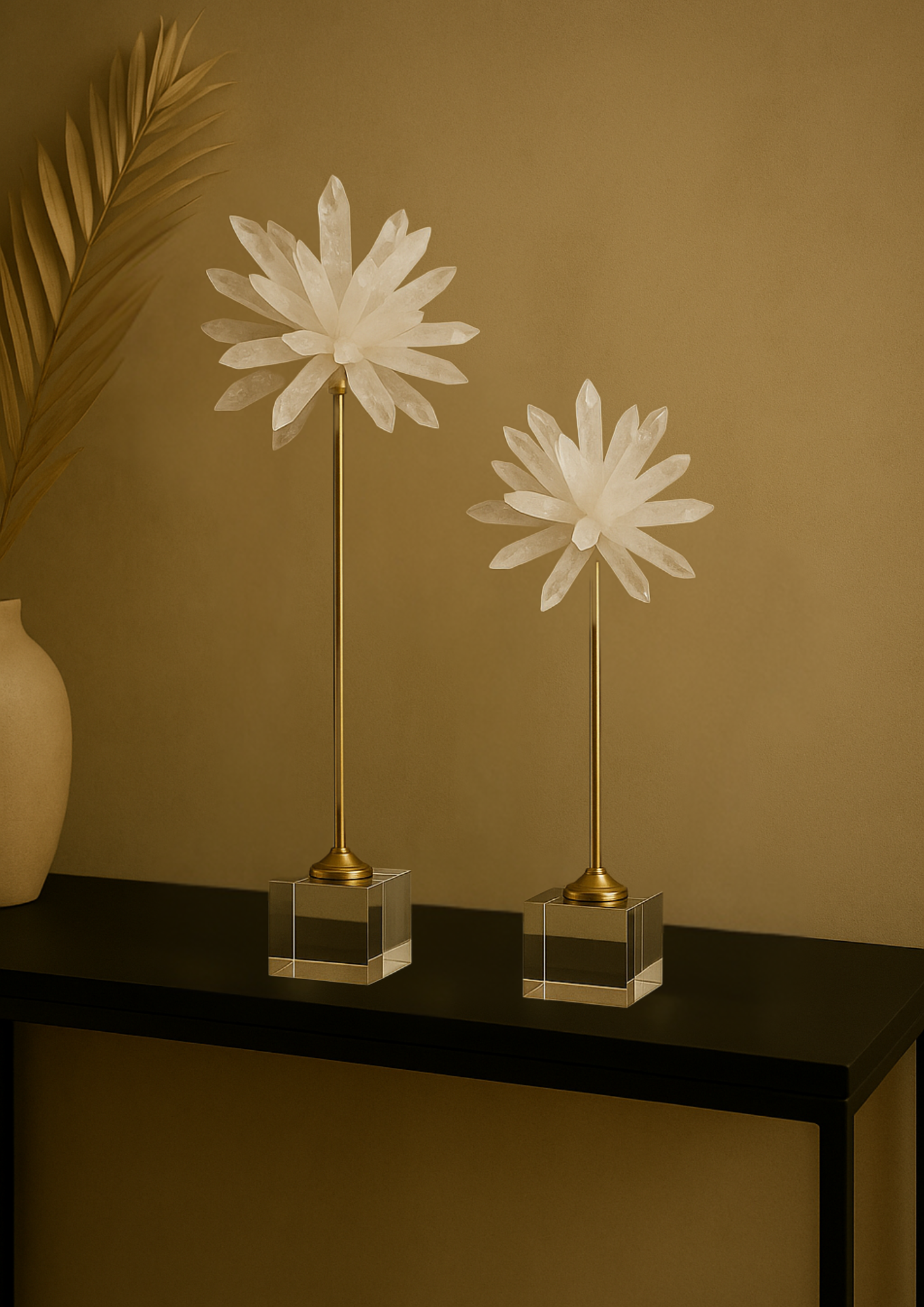 Two decorative flower lamps on a dark surface with a beige wall background
