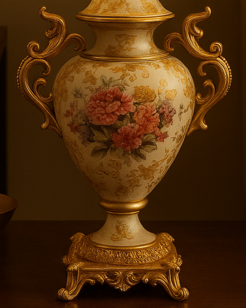 Decorative lamp with floral design in a warm-toned.