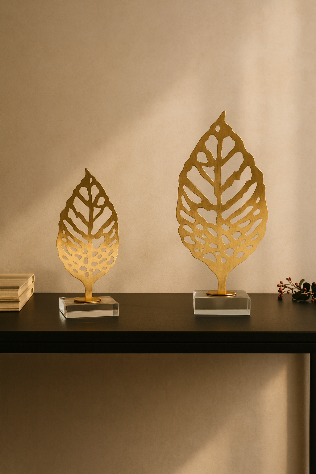 Two gold leaf-shaped decorative items on a black surface with a beige wall background