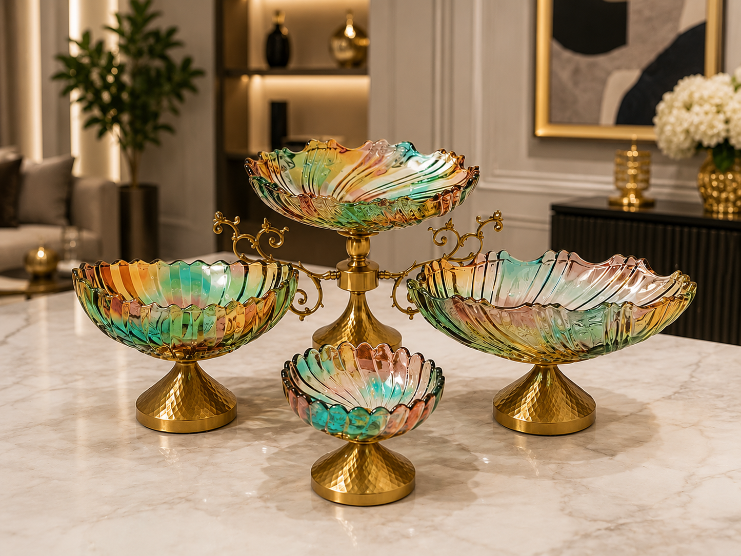 Iridescent Fluted Glass Pedestal Bowls