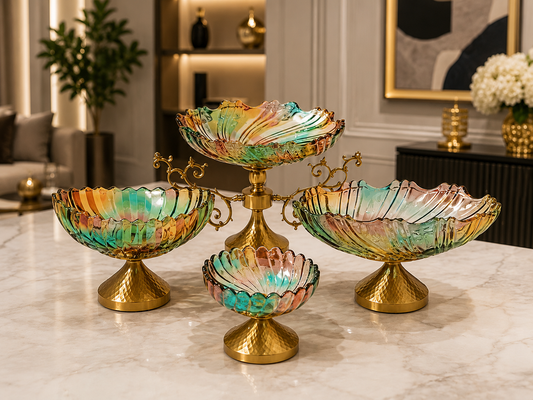 Iridescent Fluted Glass Pedestal Bowls