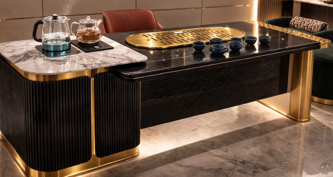 Luxury coffee table with marble top and gold accents in a modern living room setting.