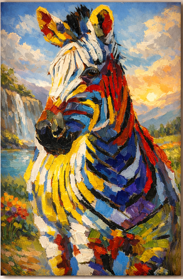 Colorful zebra painting on a wall in a living room