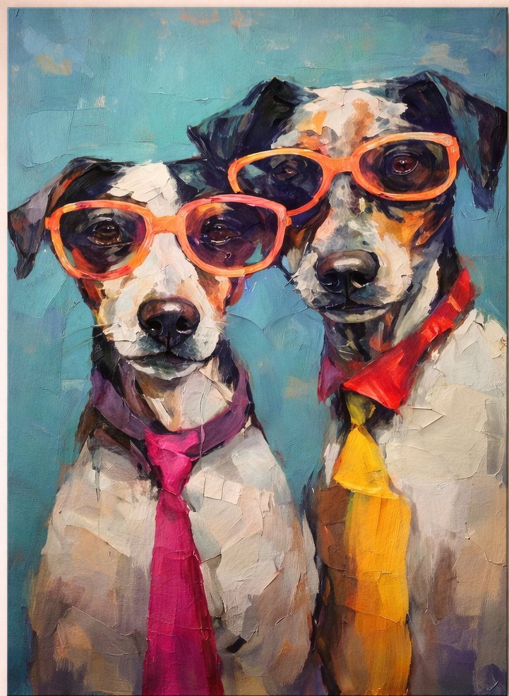 Colorful painting of two dogs wearing glasses and ties on a wall above a sofa.