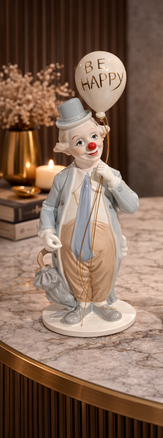 Two clown figurines with balloons labeled 'Be Happy' on a marble surface.