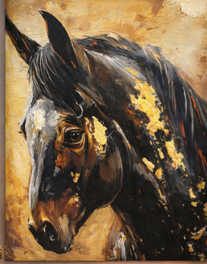 Living room with a large abstract painting of a horse on the wall.