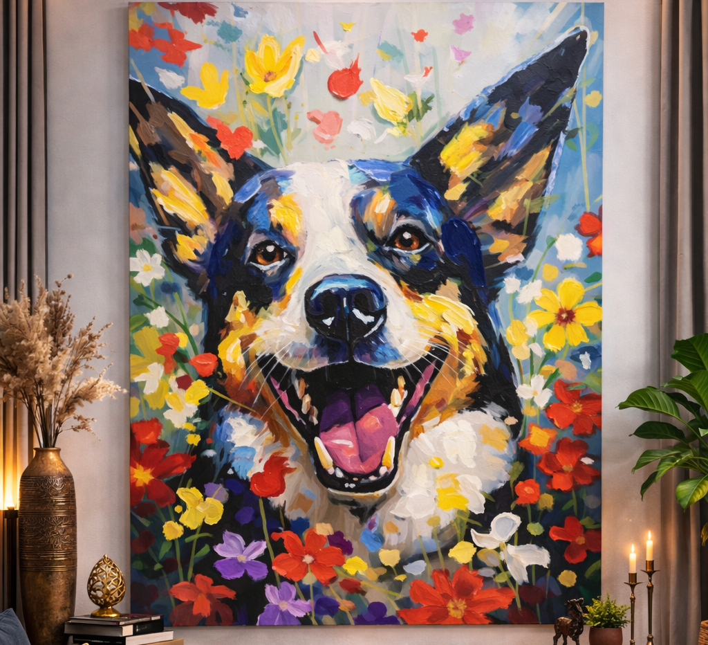 Colorful painting of a dog's face on a wall in a living room.