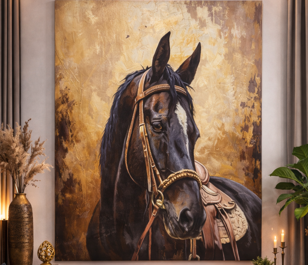 Living room with a large painting of a horse on the wall
