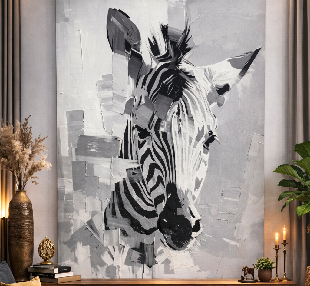 Living room with a zebra painting on the wall