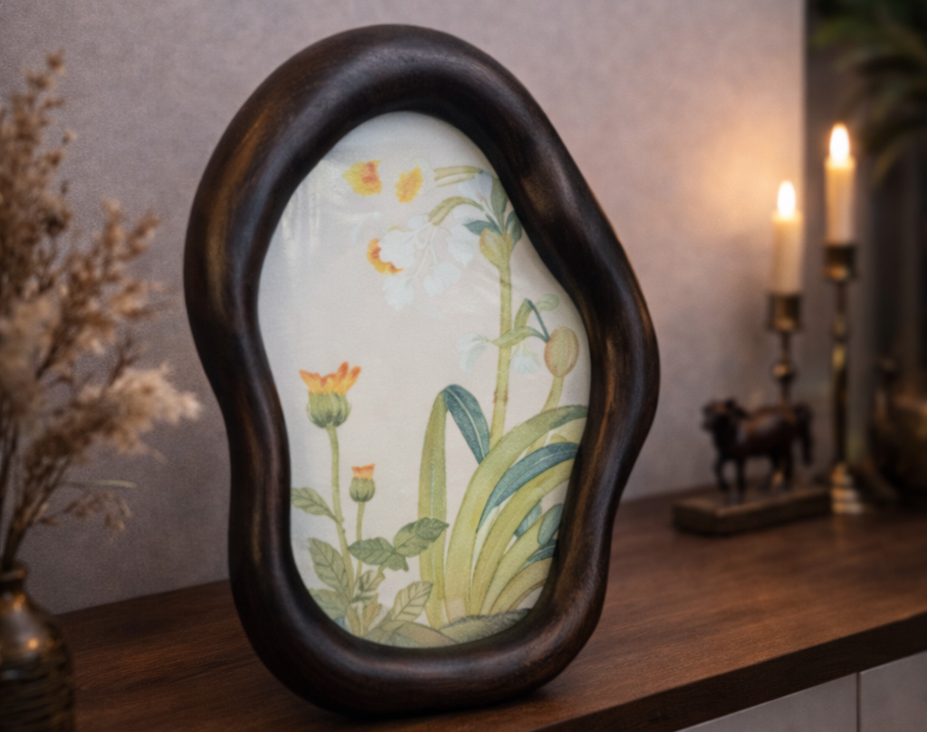 Decorative lamp with floral design on a wooden surface