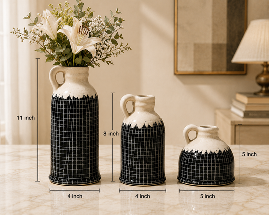 Monochrome Grid Ceramic Jug Vase (Set of 3)