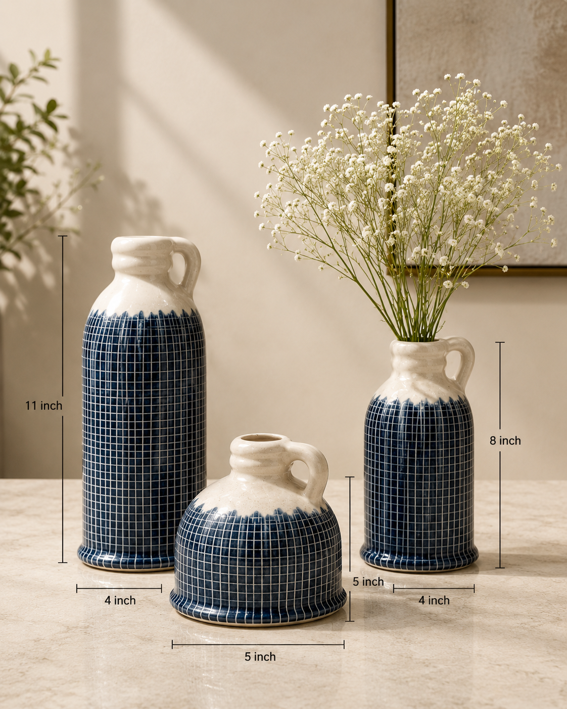 Monochrome Grid Ceramic Jug Vase Set of 3