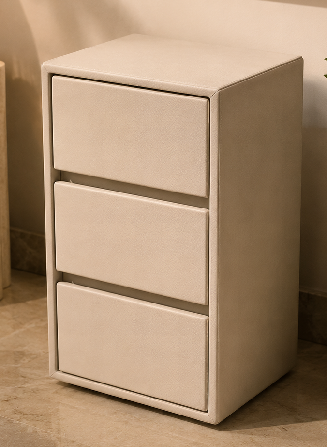 Beige three-drawer cabinet in a room with a lamp, plant, and abstract painting.
